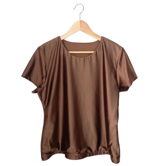 Tahari Brown Women's Top - Short Sleeve Satin Blouse, Size M (US 10) - Picture 1 of 7
